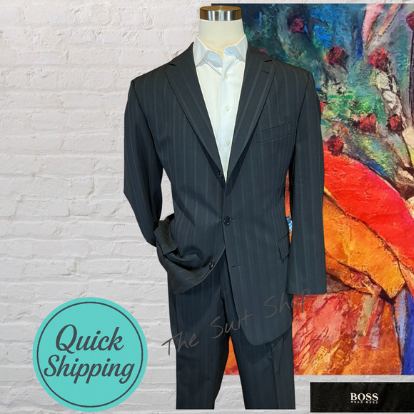 Vtg Boss Hugo Rossellini 48L 41x30 Blue with Ghost Banker's Stripe Suit 3/2 Roll - Picture 1 of 16